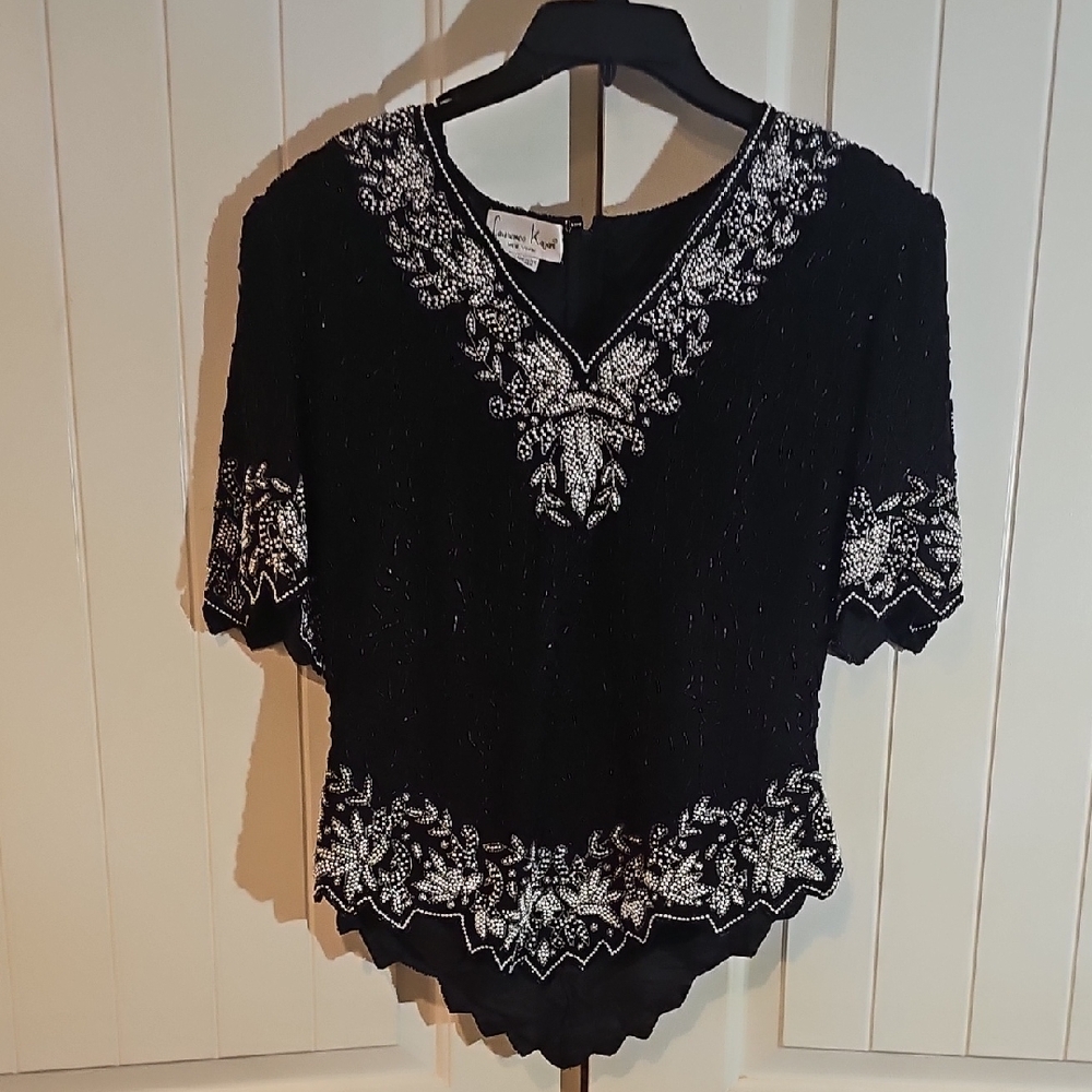 Laurence Kazar Vintage Black Embellished Short Sleeve Blouse